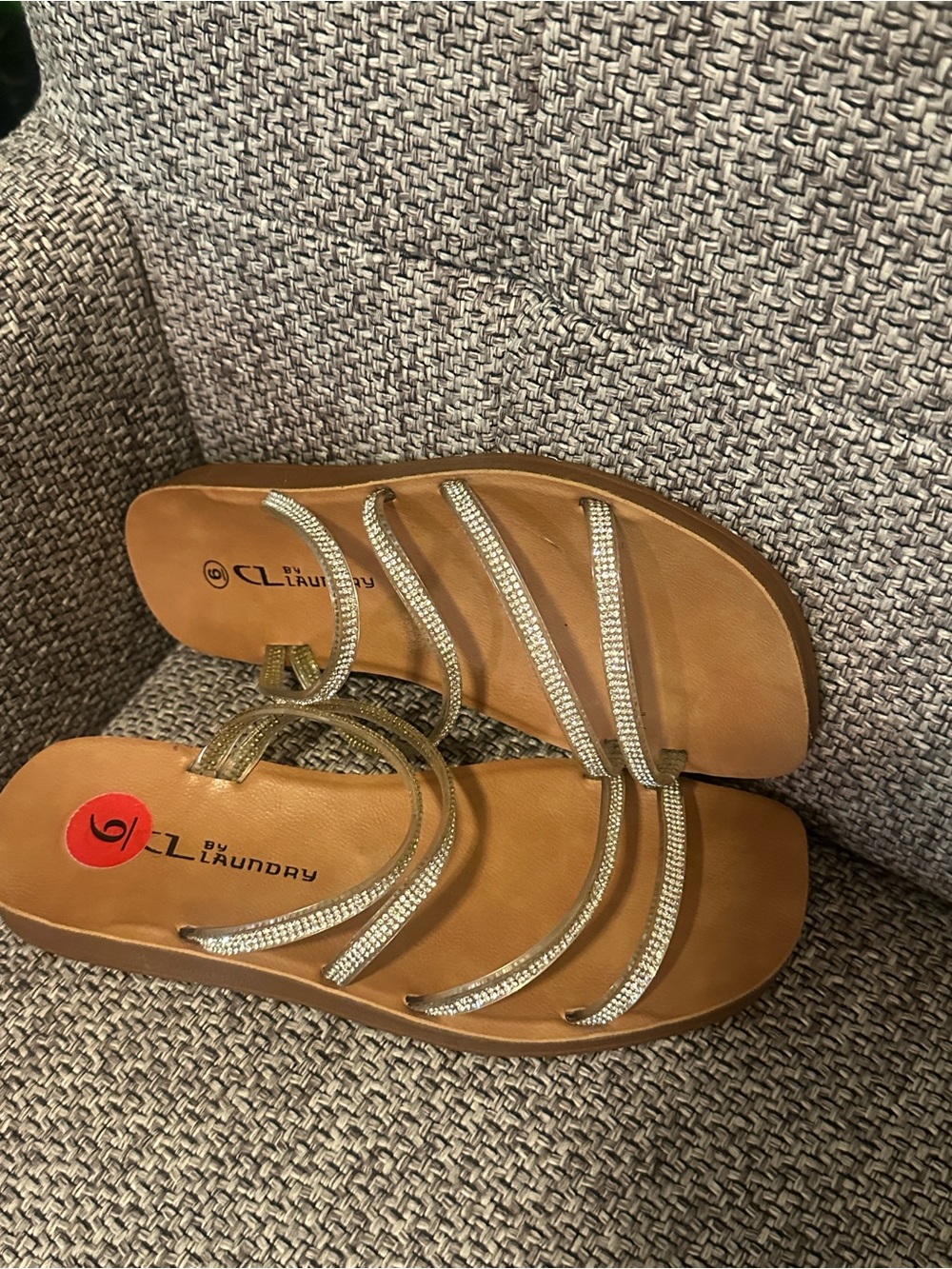 CL by Laundry Metallic Gold Multi-Strap Rhinestone Flat Sandals